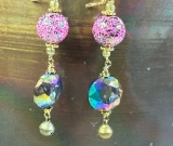 vintage estate pink ball & multicolored glass, drop earrings